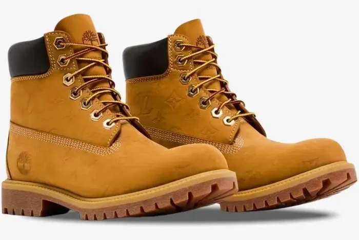 Louis Vuitton x Timberland 6-Inch Ankle Boot in monogram tan, side-angled view. - SKU 1AD72X