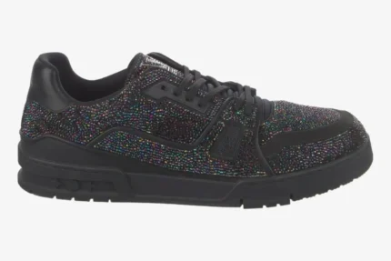 Louis Vuitton Trainer sneaker in black with multicolor rhinestones, side profile view. - SKU 1A815H