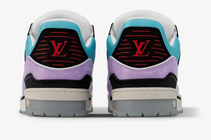 Rear view of Louis Vuitton Trainer sneakers in blue and purple pastel gradient with red LV logo. - SKU 1AA6X0