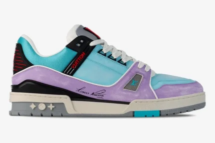 Side profile of a Louis Vuitton Trainer sneaker in a blue and purple gradient pastel colorway. - SKU 1AA6X0
