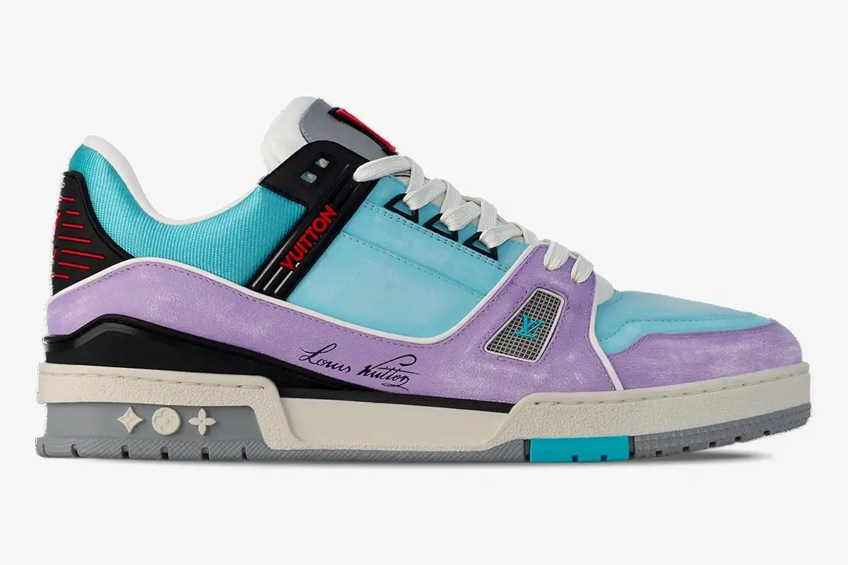 louis-vuitton-trainer-blue-purple-side-view-1aa6x0-820-908 Side profile of a Louis Vuitton Trainer sneaker in a blue and purple gradient pastel colorway. - SKU 1AA6X0