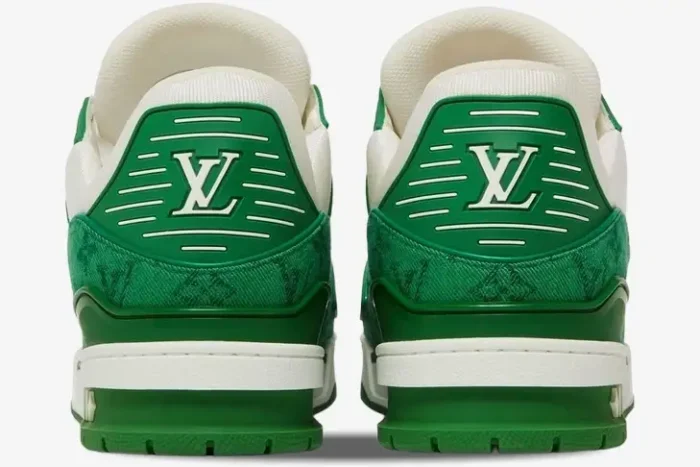 Rear view of Louis Vuitton Trainer sneakers in green monogram denim and white. - SKU 1A9JHV-1A9JI1