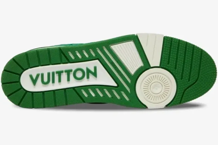 Bottom view of Louis Vuitton Trainer Green Monogram Denim White showing green and white outsole branding. - SKU 1A9JHV-1A9JI1