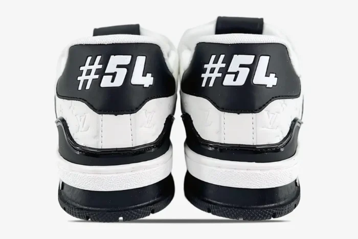 Rear view of Louis Vuitton Trainer Sneaker Low in white and black, featuring #54 on the heels.