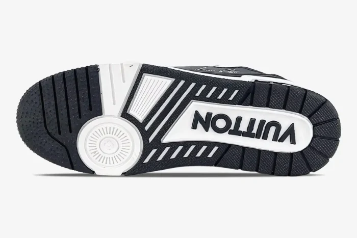 Bottom view of Louis Vuitton Trainer Sneaker Low LV159 in white and black showing the outsole tread.