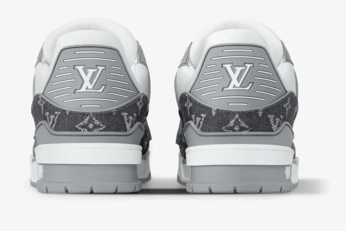 Back view of Louis Vuitton Trainer sneakers in grey and white monogram denim. - SKU 1A9Z7C