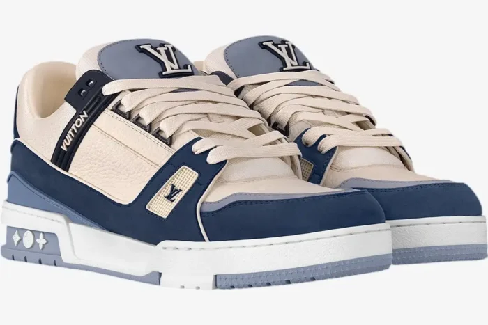Louis Vuitton Trainer Navy Beige Mesh sneakers, three-quarter front view showing both shoes. - SKU 1ABLUR