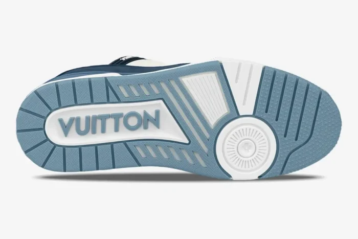 Bottom view of Louis Vuitton Trainer Navy Beige Mesh sneaker showing blue and white outsole with Vuitton branding. - SKU 1ABLUR
