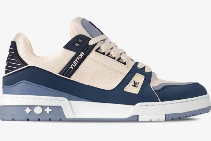 Side profile of a Louis Vuitton Trainer sneaker in navy blue and beige mesh and leather. - SKU 1ABLUR