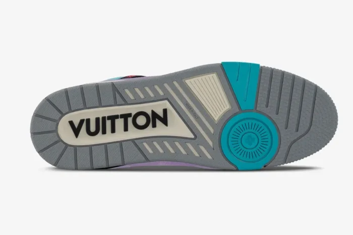 Bottom sole of Louis Vuitton Trainer in blue purple gradient pastel with grey and teal tread. - SKU 1AA6X0
