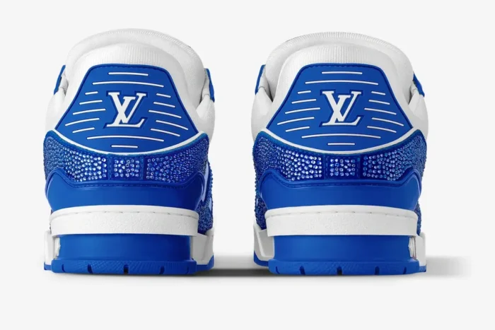 Rear view of Louis Vuitton Trainer Swarovski Limited Edition sneakers in blue and white. - SKU 1A813P-1A9VOA