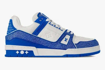 Side profile of a blue and white Louis Vuitton Trainer sneaker featuring Swarovski crystal embellishments. - SKU 1A813P-1A9VOA
