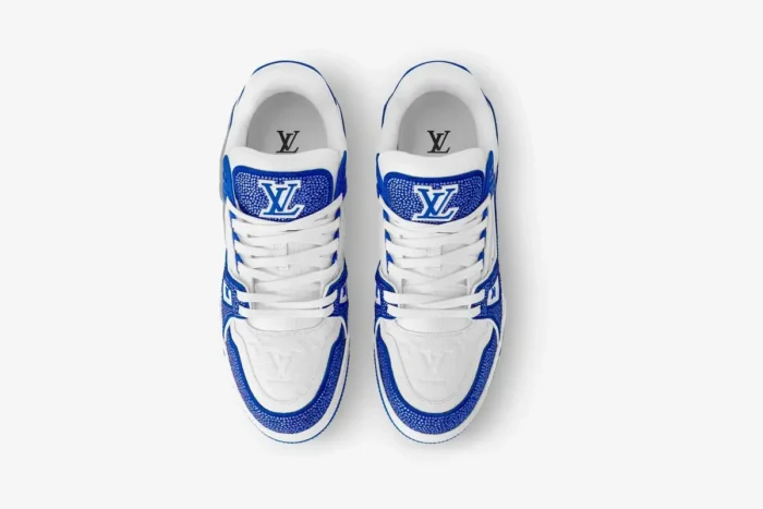 Top-down view of Louis Vuitton Trainer x Swarovski sneakers in blue and white. - SKU 1A813P-1A9VOA