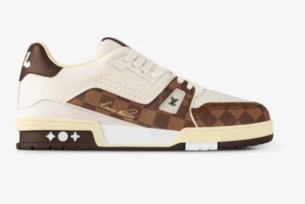 Side view of Louis Vuitton Trainer in white and moka brown with Damier Ebene canvas details. - SKU 1ACV5P