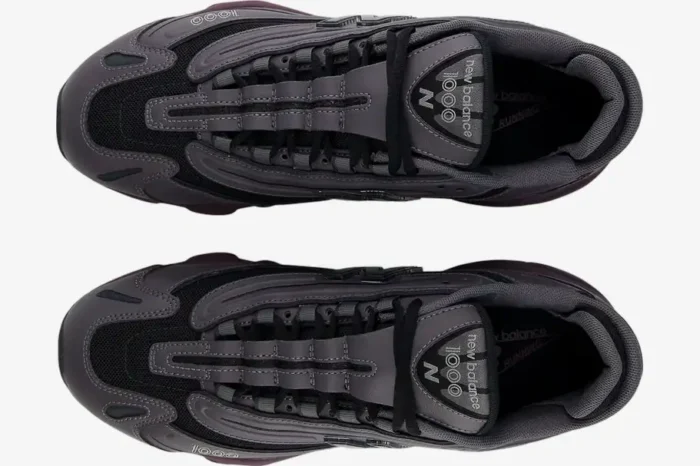 Top-down view of New Balance 1000 sneakers in Magnet Titular Grey and Deep Plum. - SKU M1000EB