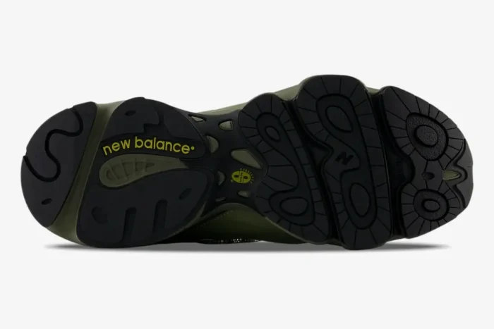 Bottom view of New Balance 1000 Olivine Black Olive sneaker showing the black and green textured outsole. - SKU M1000EA