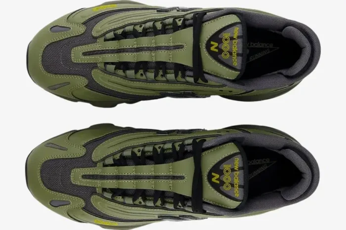 Top-down view of New Balance 1000 Olivine Black Olive sneakers with mesh panels and black laces. - SKU M1000EA