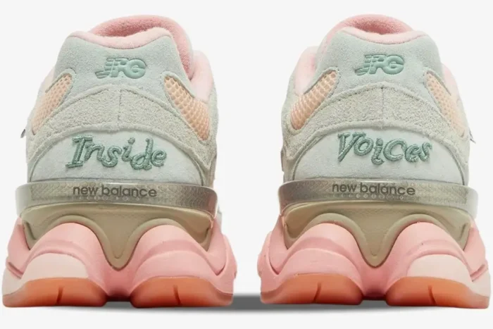 Rear view of New Balance 9060 Joe Freshgoods Inside Voices Penny Cookie Pink sneakers with embroidered heel text. - SKU U9060JG1