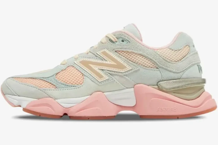 Side view of New Balance 9060 x Joe Freshgoods Inside Voices sneakers in Penny Cookie Pink and mint green. - SKU U9060JG1