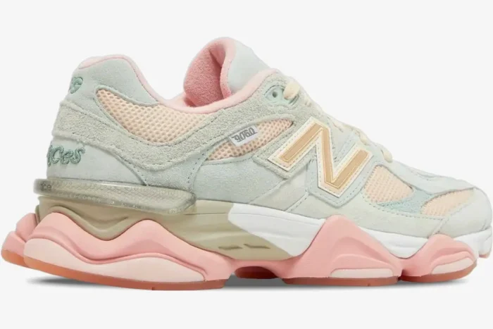 New Balance 9060 Joe Freshgoods Penny Cookie Pink sneaker in a side profile view with pastel pink and tan accents. - SKU U9060JG1