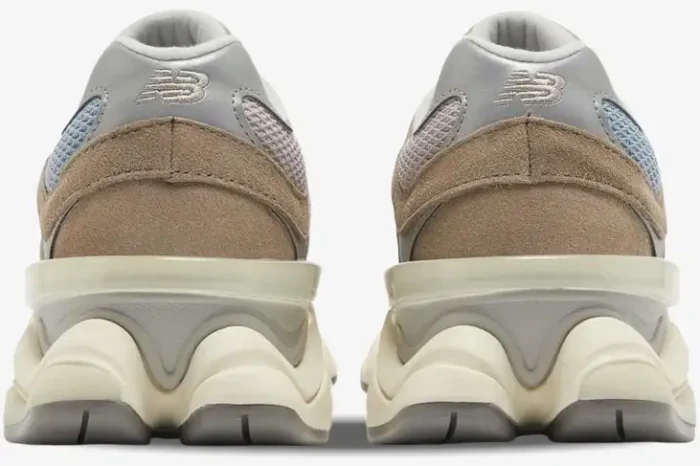 Rear view of New Balance 9060 Cherry Blossom Mushroom sneakers with chunky cream midsoles. - SKU U9060MUS