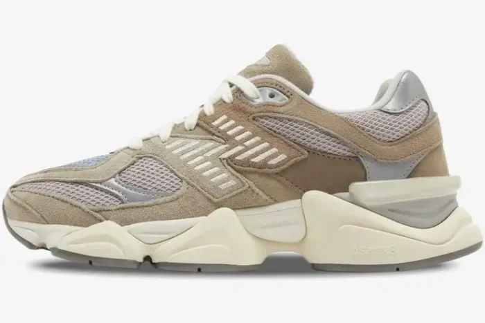 Side profile of New Balance 9060 Cherry Blossom Pack sneakers in Mushroom tan and grey colors. - SKU U9060MUS