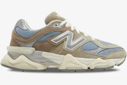 Side profile of New Balance 9060 Cherry Blossom Pack Mushroom sneakers with tan suede and blue mesh. - SKU U9060MUS