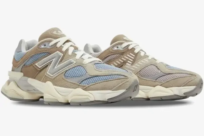 New Balance 9060 Mushroom sneakers in a side profile view featuring tan suede and light blue mesh. - SKU U9060MUS