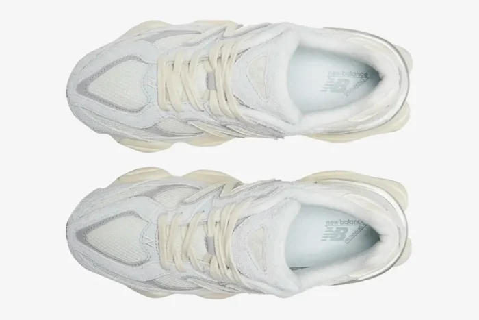 Top-down view of New Balance 9060 Quartz Grey sneakers with mesh and suede overlays. - SKU U9060HSA