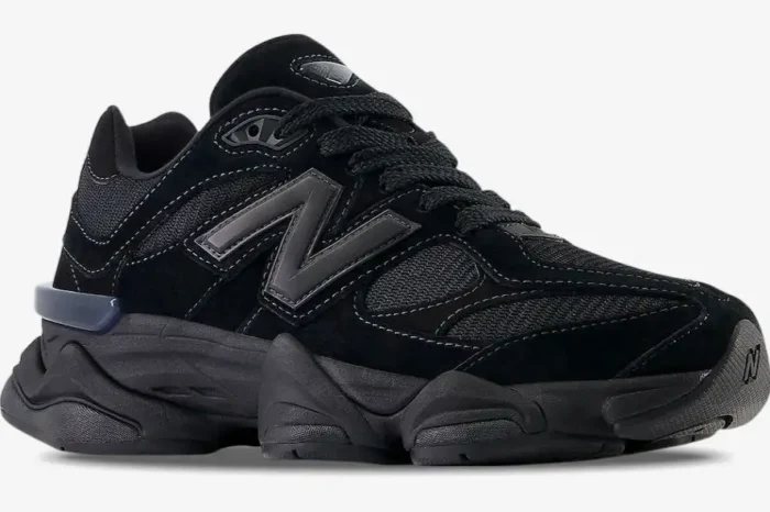New Balance 9060 Triple Black sneakers in a side profile view with chunky soles. - SKU U9060BPM