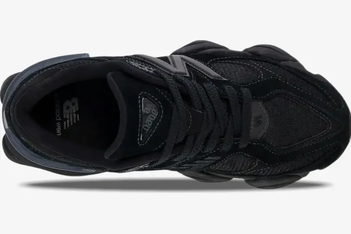 Top-down view of the New Balance 9060 Triple Black sneaker with mesh and suede details. - SKU U9060BPM