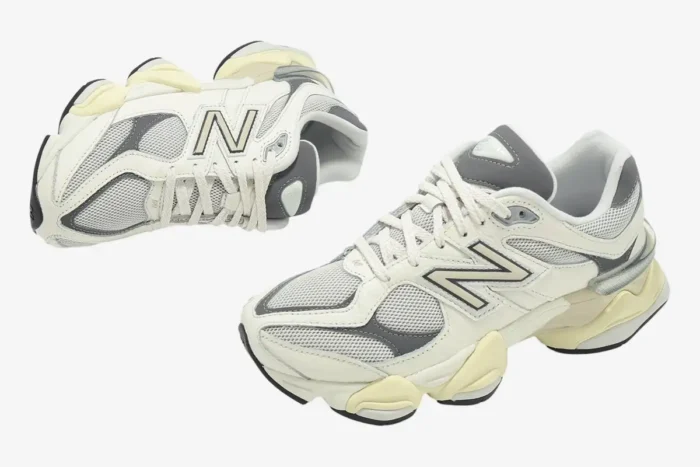 New Balance 9060 sneakers in white, grey, and beige, shown from side and top-down angles on white. - SKU U9060AGAD
