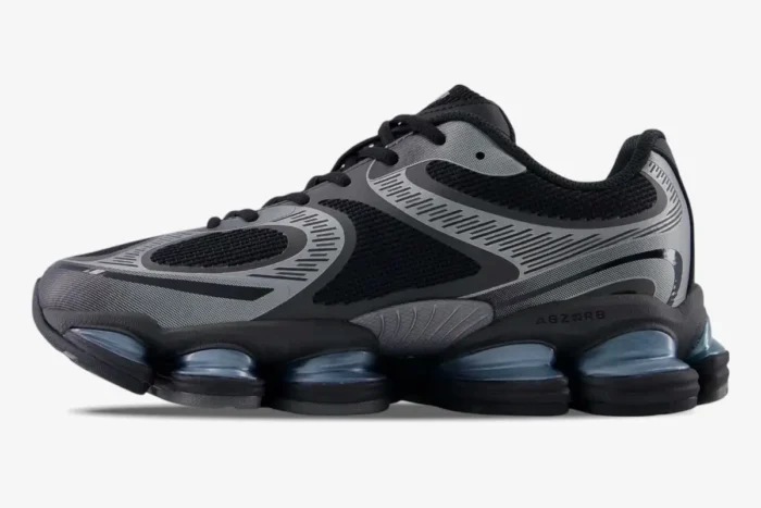 Side profile of New Balance Abzorb 2000 sneakers in black and silver metallic. - SKU U2000EA