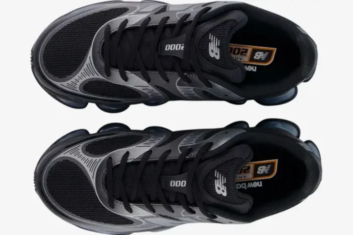 Top-down view of New Balance Abzorb 2000 sneakers in black and silver metallic. - SKU U2000EA
