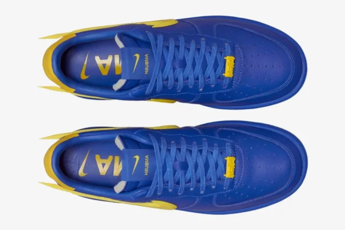 Top-down view of Nike Air Force 1 Low x Ambush sneakers in Game Royal blue and Vivid Sulphur yellow. - SKU DV3464-400