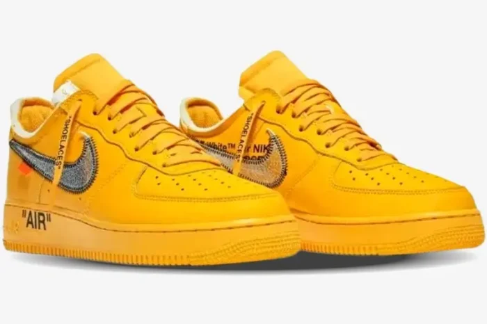 Nike Air Force 1 Low x Off-White University Gold Lemonade sneakers, three-quarter side view. - SKU DD1876-700