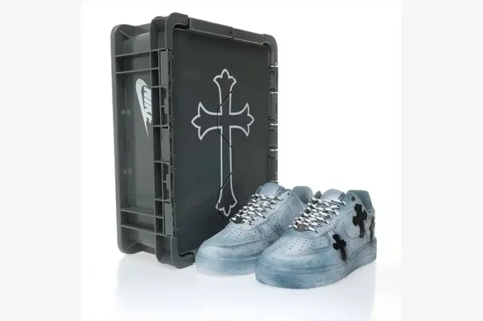 Custom light blue Nike Air Force 1 Chrome Hearts sneakers with black crosses and special industrial box.