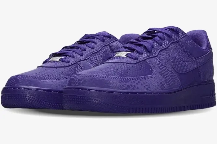 Nike Air Force 1 Low x Kobe Bryant Custom Purple Snakeskin sneakers in a three-quarter front view. - SKU IB0018500