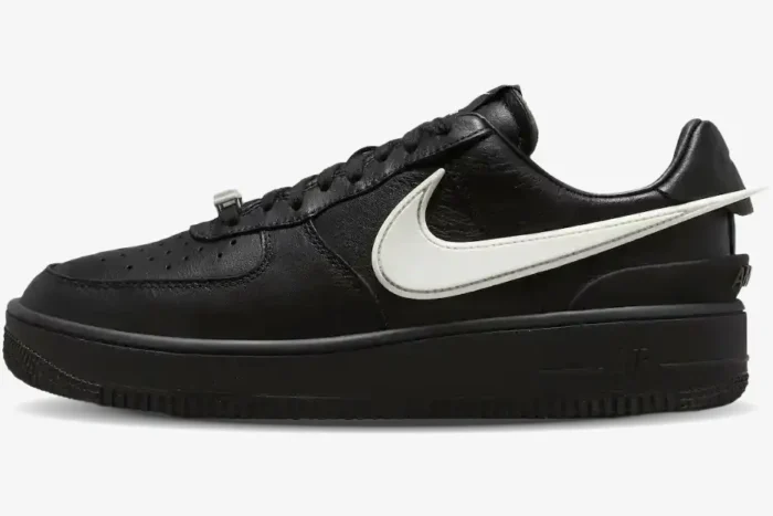 Nike Air Force 1 Low x Ambush in black and white, side profile view showing the extended Swoosh. - SKU DV3464-001