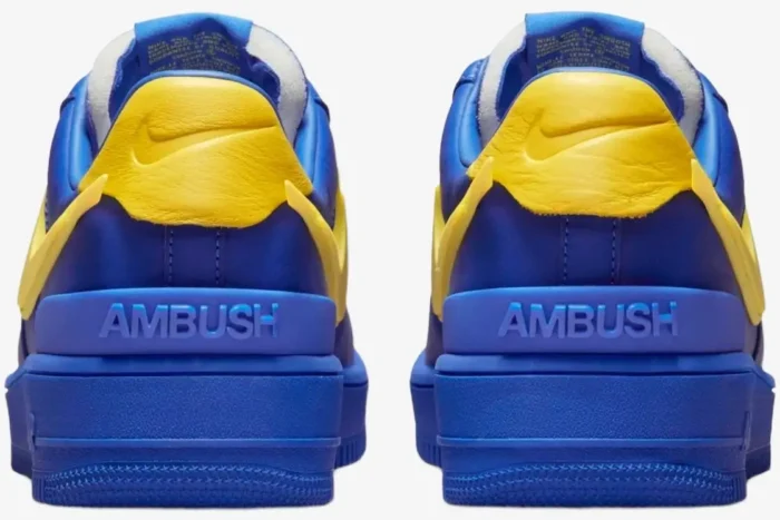 Rear view of Nike Air Force 1 Low x Ambush sneakers in Game Royal blue with Vivid Sulphur yellow details. - SKU DV3464-400
