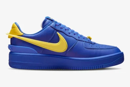 Side profile of Nike Air Force 1 Low x Ambush in Game Royal blue with yellow Swoosh. - SKU DV3464-400