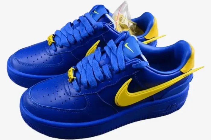 Nike Air Force 1 Low x Ambush in Game Royal and Vivid Sulphur, three-quarter front view. - SKU DV3464-400
