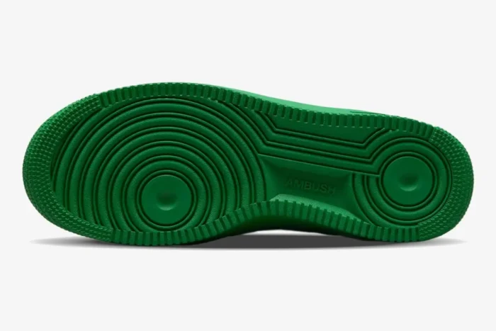 Bottom outsole view of the Nike Air Force 1 Low x Ambush Pine Green sneaker with rubber tread. - SKU DV3464-300