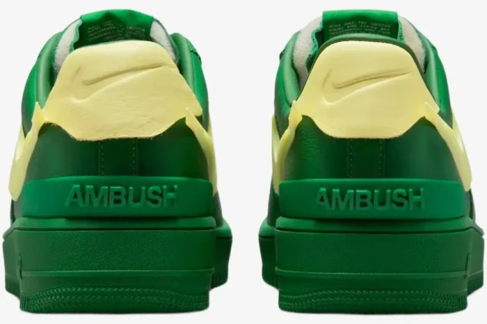 Rear view of Nike Air Force 1 Low x Ambush sneakers in pine green with citron yellow accents. - SKU DV3464-300