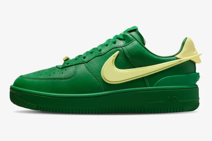 Nike Air Force 1 Low x Ambush sneaker in Pine Green and Citron, side profile view showing extended swoosh. - SKU DV3464-300