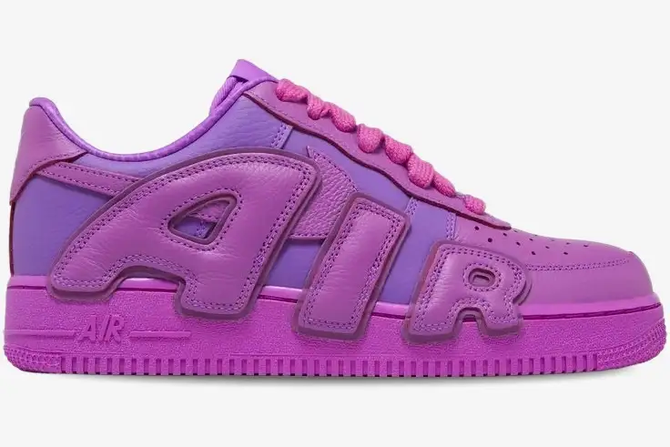nike-air-force-1-low-cpfm-purple-side-view-fq7069-500-img2671 Nike Air Force 1 Low x CPFM Purple sneakers featuring large leather AIR lettering in a side profile view. - SKU FQ7069-500