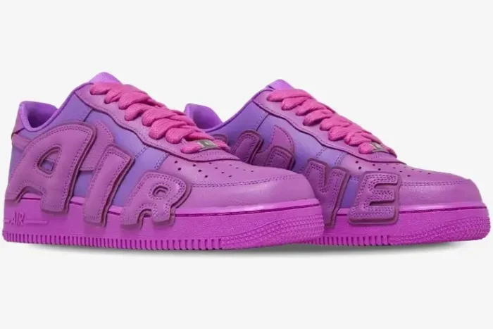 Purple Nike Air Force 1 Low x CPFM sneakers featuring large AIR and SUNSHINE lettering, side view. - SKU FQ7069-500