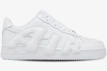 Side profile of a white Nike Air Force 1 Low x Cactus Plant Flea Market sneaker with large AIR lettering. - SKU FQ7069100