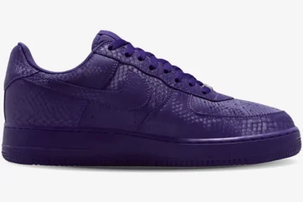 Side profile of a Nike Air Force 1 Low custom shoe in deep purple snakeskin texture. - SKU IB0018500