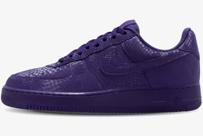 Nike Air Force 1 Low x Kobe Bryant custom purple snakeskin sneaker in a side profile view. - SKU IB0018500